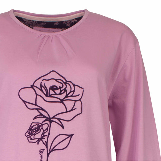 Lila dames pyjama top met lange mouwen, donkerpaarse rozenprint op de voorkant