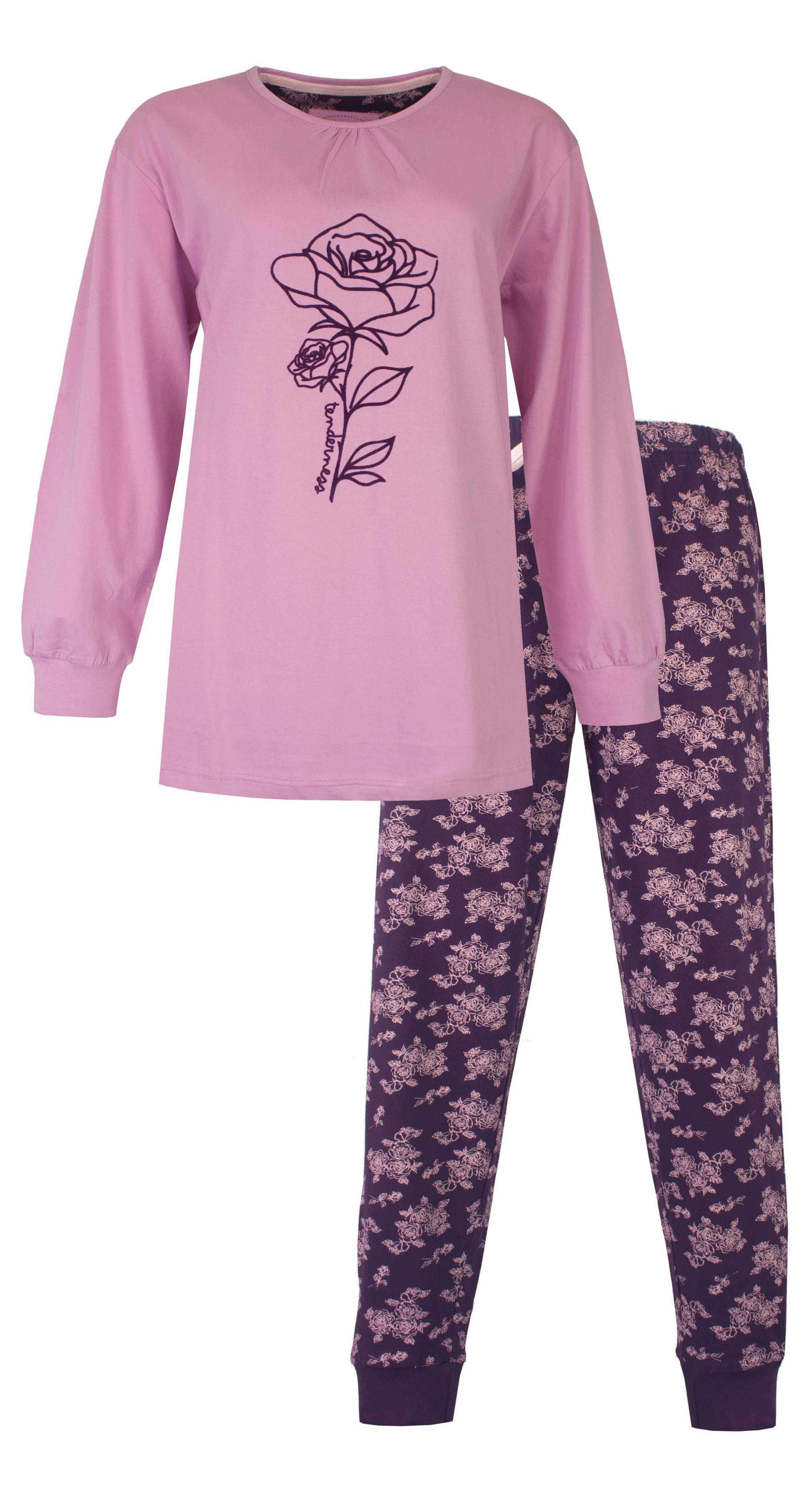 Lila dames pyjama met lange mouwen en rozenprint. Bovenstuk met rozenafbeelding, broek met bloemenmotief.