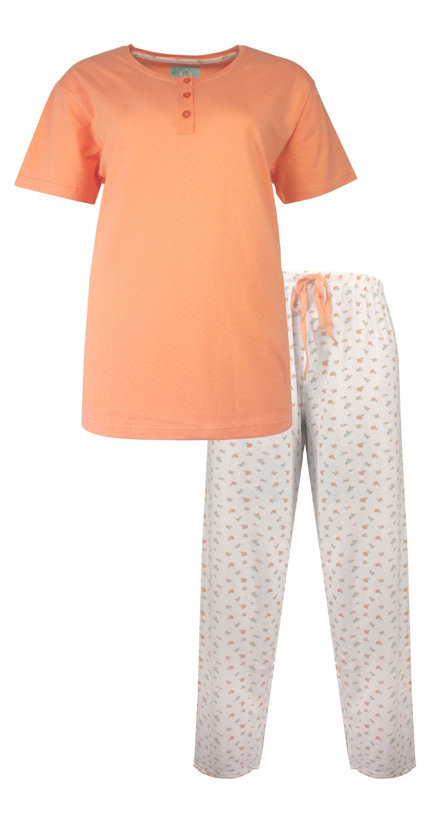 Oranje dames pyjama set met kortop en lange broek met bloemenprint. Katoen materiaal, korte mouwen.