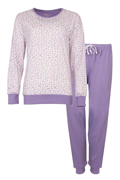 Dames pyjama set met paarse broek en wit shirt met bloemetjesprint, lange mouwen en ronde hals