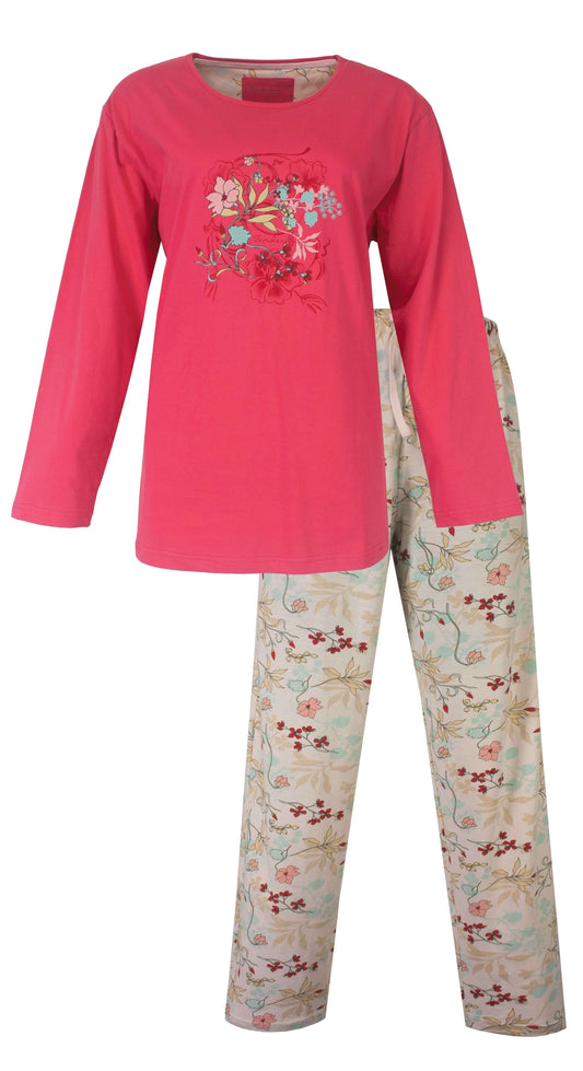 Rode dames pyjama met lange mouwen en bloemenprint. Top met bloemmotief, broek met all-over bloemenpatroon.