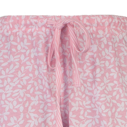 Roze pyjama broek met witte bloemenprint en gestreept koord in de taille