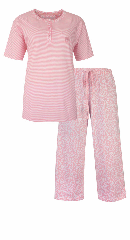 Roze dames pyjama set met gestreept T-shirt en bloemenprint broek, korte mouwen en driekwart lengte
