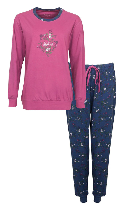 Roze dames pyjama met bloemenprint en blauwe broek met bloemenpatroon, gemaakt van 100% katoen.