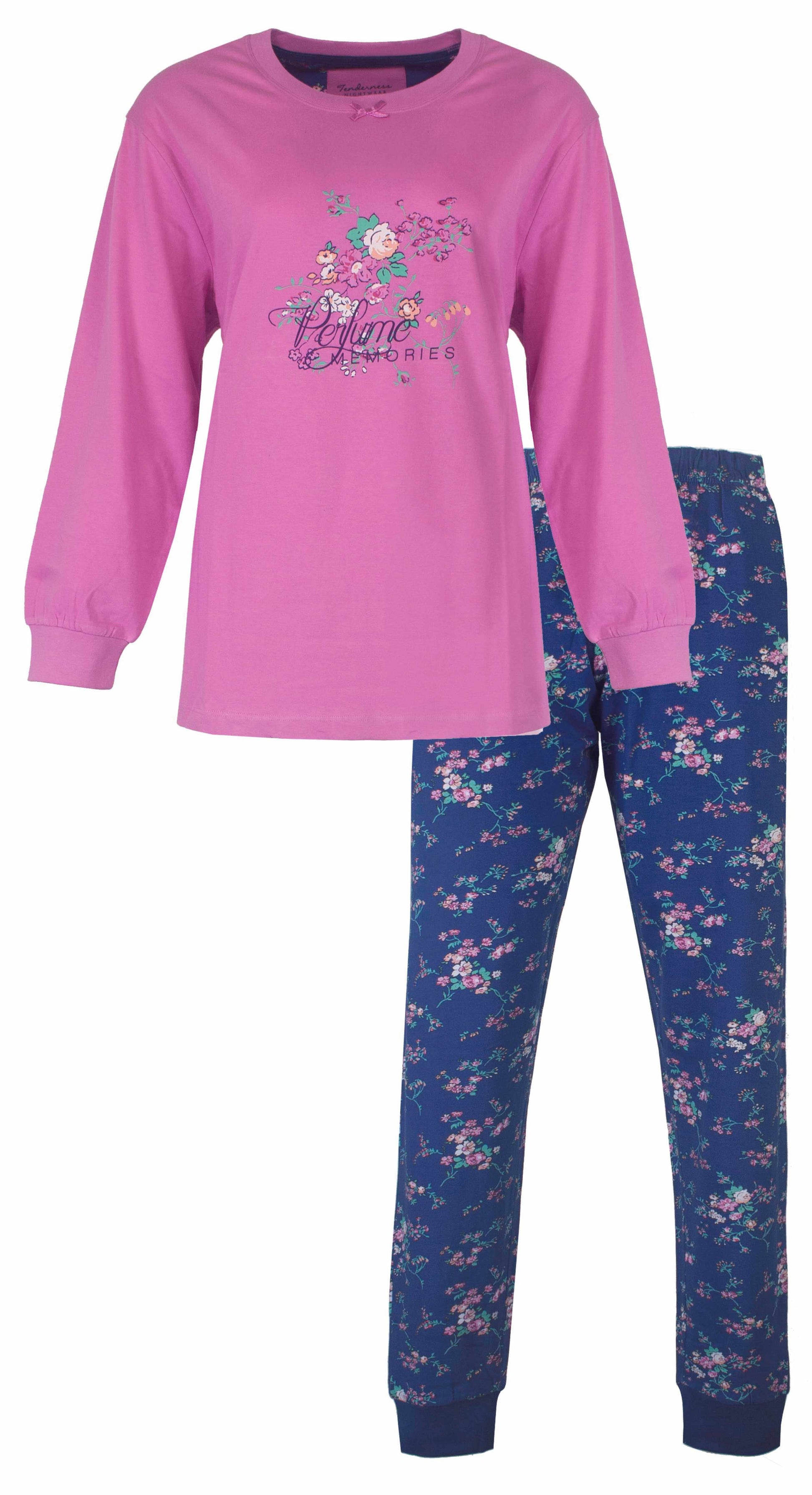 Dames pyjama met roze lange mouwen top met bloemenprint en blauwe broek met bloemenpatroon