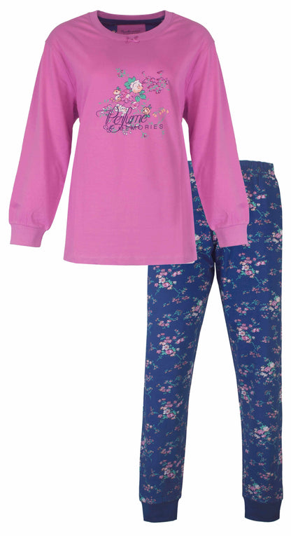 Dames pyjama met roze lange mouwen top met bloemenprint en blauwe broek met bloemenpatroon