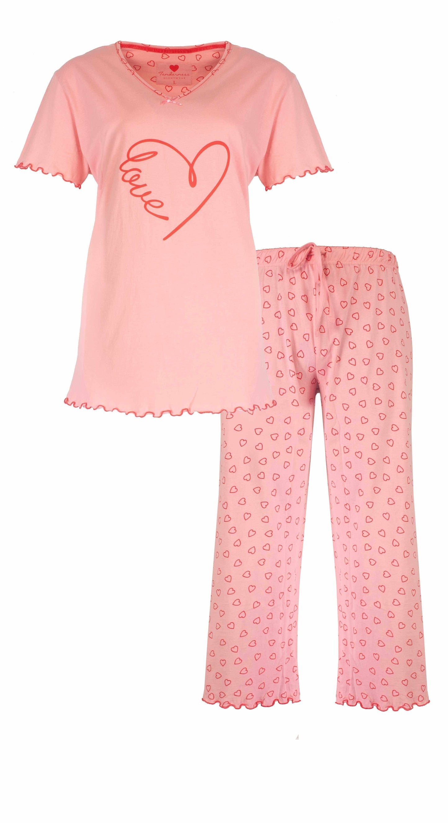 Roze katoenen pyjama set met hartjesprint, bestaande uit een T-shirt met 'love' opdruk en een lange broek