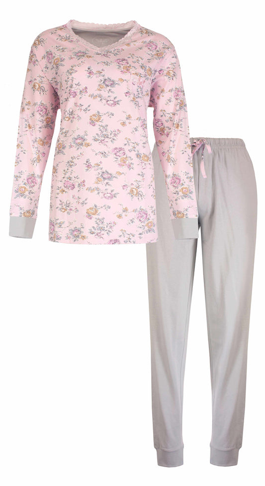 Roze pyjama set met bloemetjesprint, lange mouwen en grijze broek van Tenderness, gemaakt van katoen.
