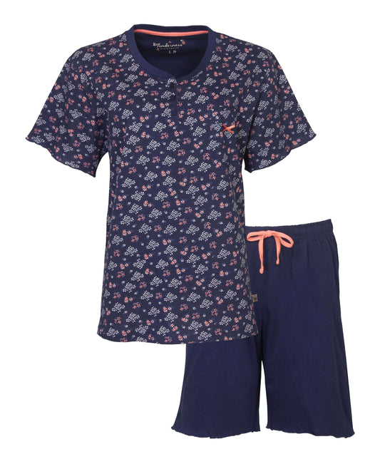 Blauwe dames shortama met wit en roze bloemenprint, inclusief korte broek met koraaltint koord