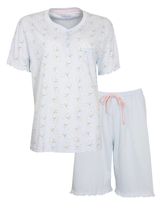 Lichtblauwe dames shortama met bloemenprint op shirt, korte mouwen en uni short met roze koord