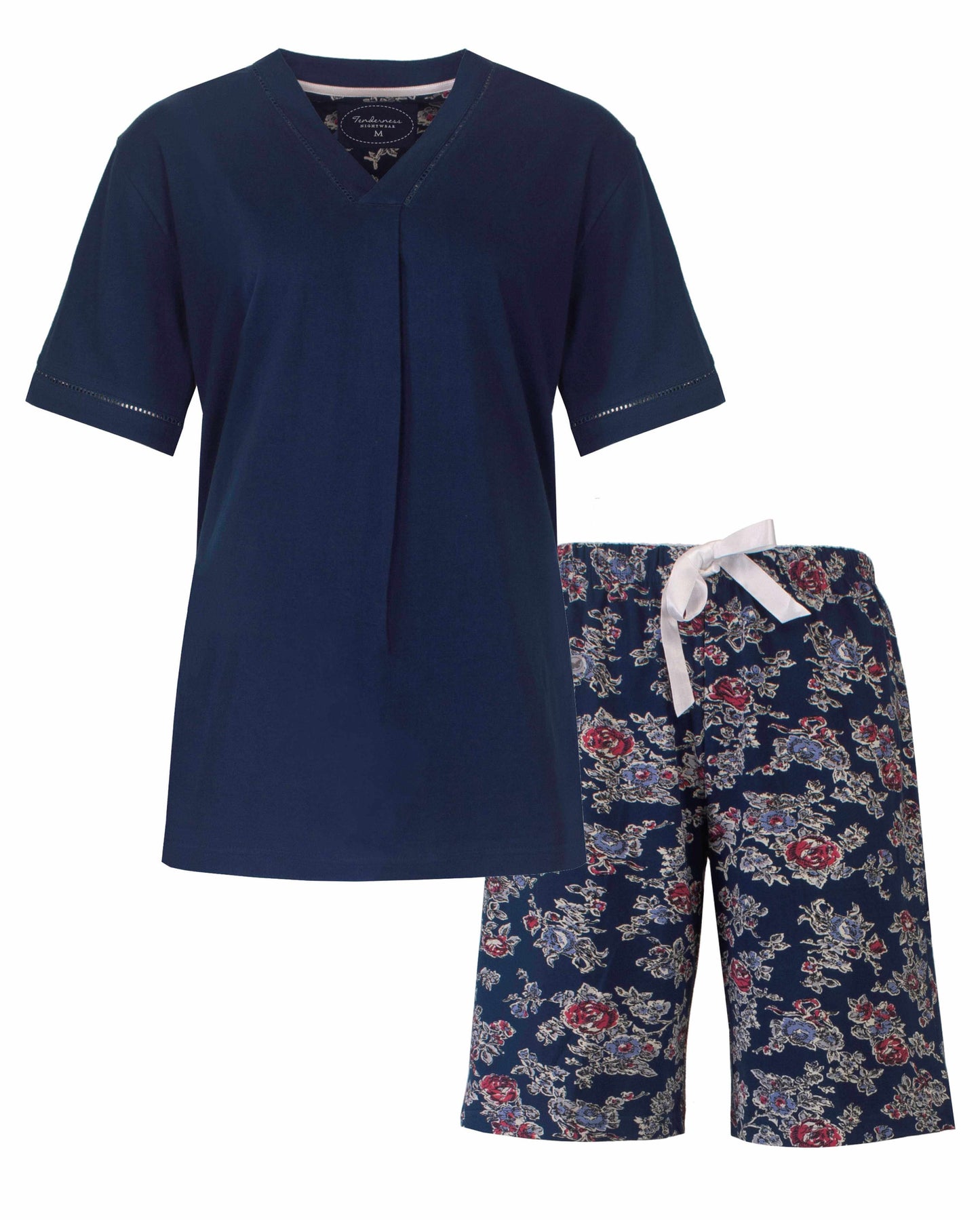 Marineblauwe dames shortama met korte mouwen en bijpassende bloemenprint shorts met wit koordje