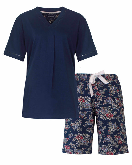 Marineblauwe dames shortama met korte mouwen en bijpassende bloemenprint shorts met wit koordje