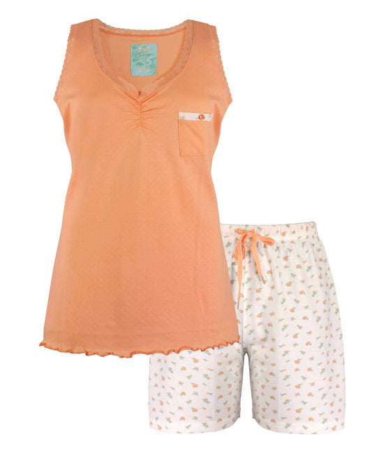 Oranje mouwloze top met V-hals en kant, gebloemde witte short met elastische tailleband, dames pyjama set