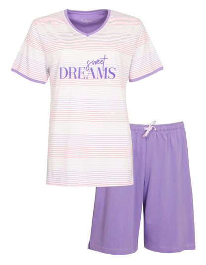 Paarse dames shortama met gestreept shirt met 'Sweet Dreams' opdruk en effen korte broek met aantrekkoord