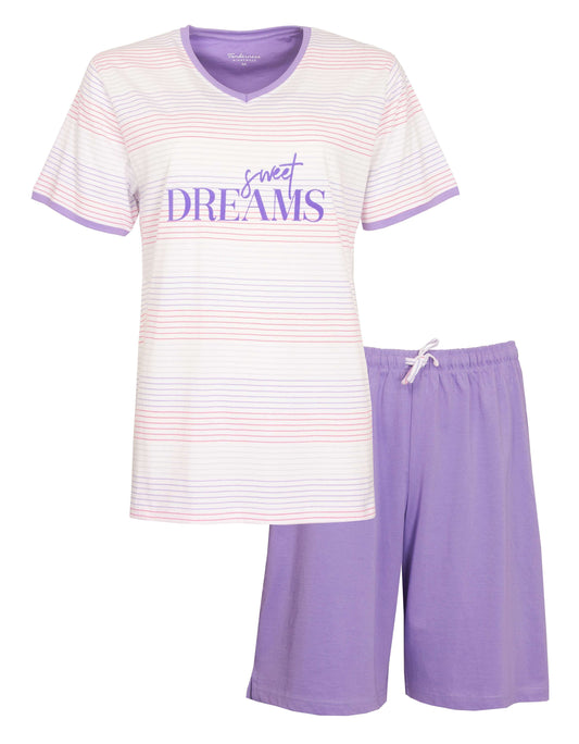 Paarse dames shortama met gestreept shirt met 'Sweet Dreams' opdruk en effen korte broek met aantrekkoord