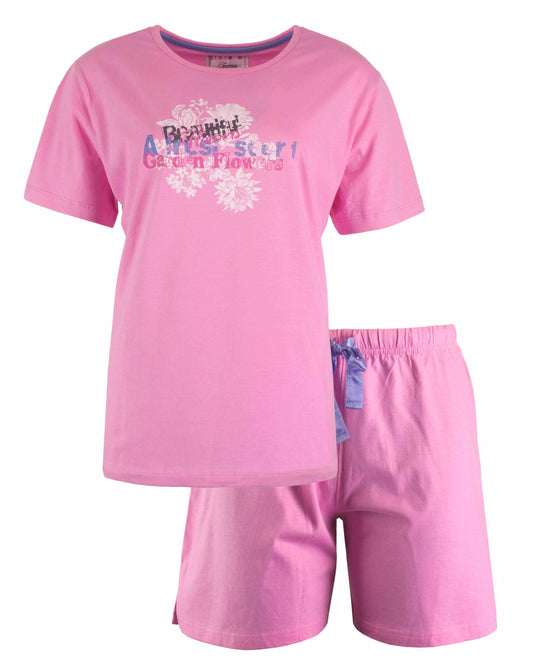 Roze katoenen shortama met korte mouwen en bloemenprint op de borst, inclusief korte broek met tailleband