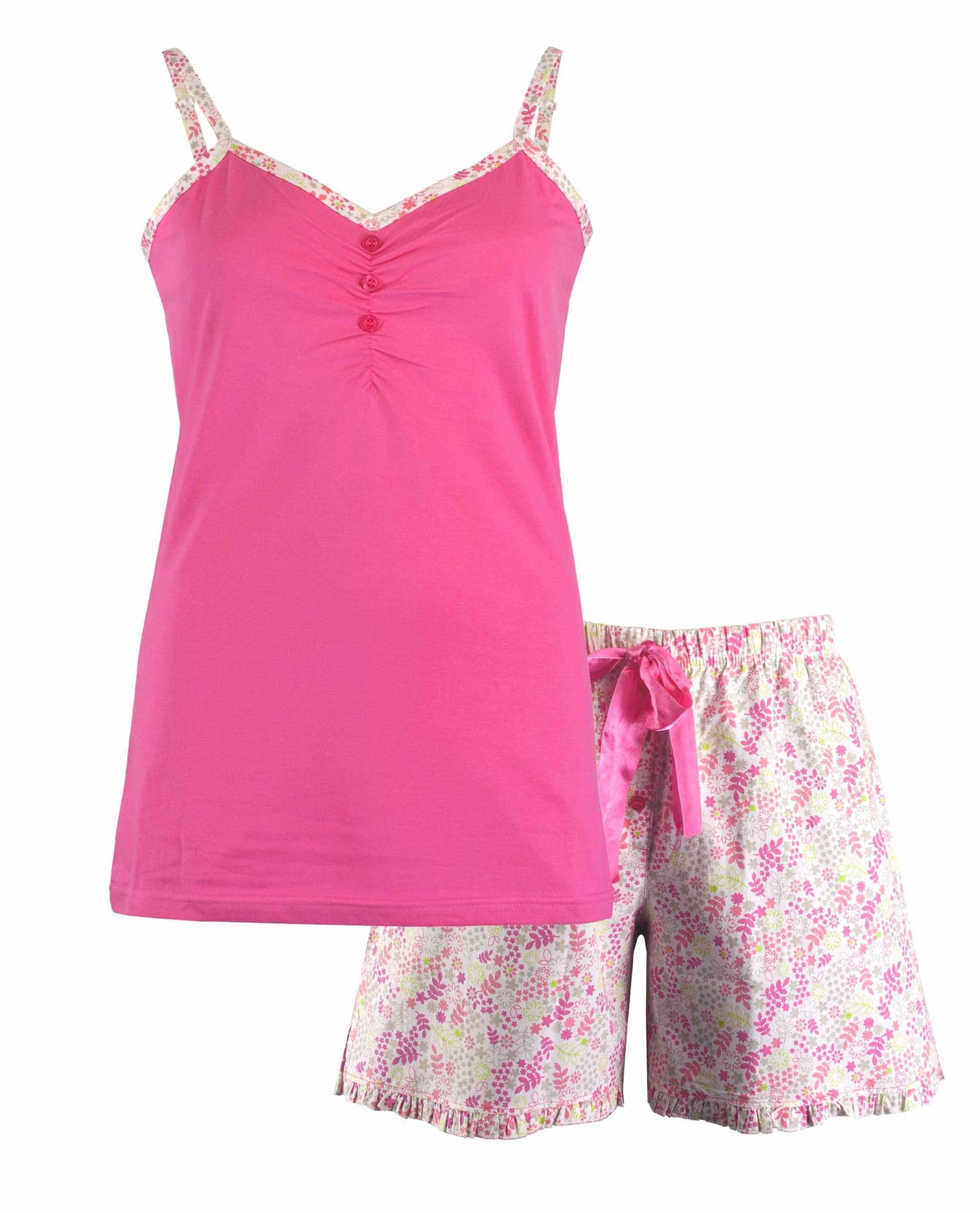 Roze dames shortama set met bloemenprint shorts, spaghettibandjes top en V-hals met strikje