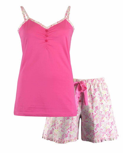 Roze dames shortama set met bloemenprint shorts, spaghettibandjes top en V-hals met strikje