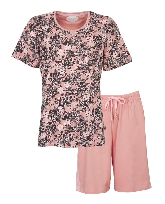 Roze dames shortama set met bloemenprint op shirt en effen roze shorts met trekkoord