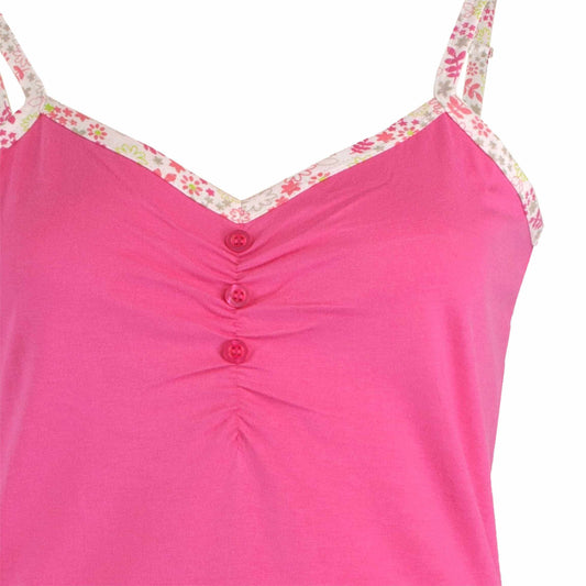 Roze shortama top met spaghettibandjes, V-hals, knoopjes en gebloemde randafwerking voor dames pyjama set