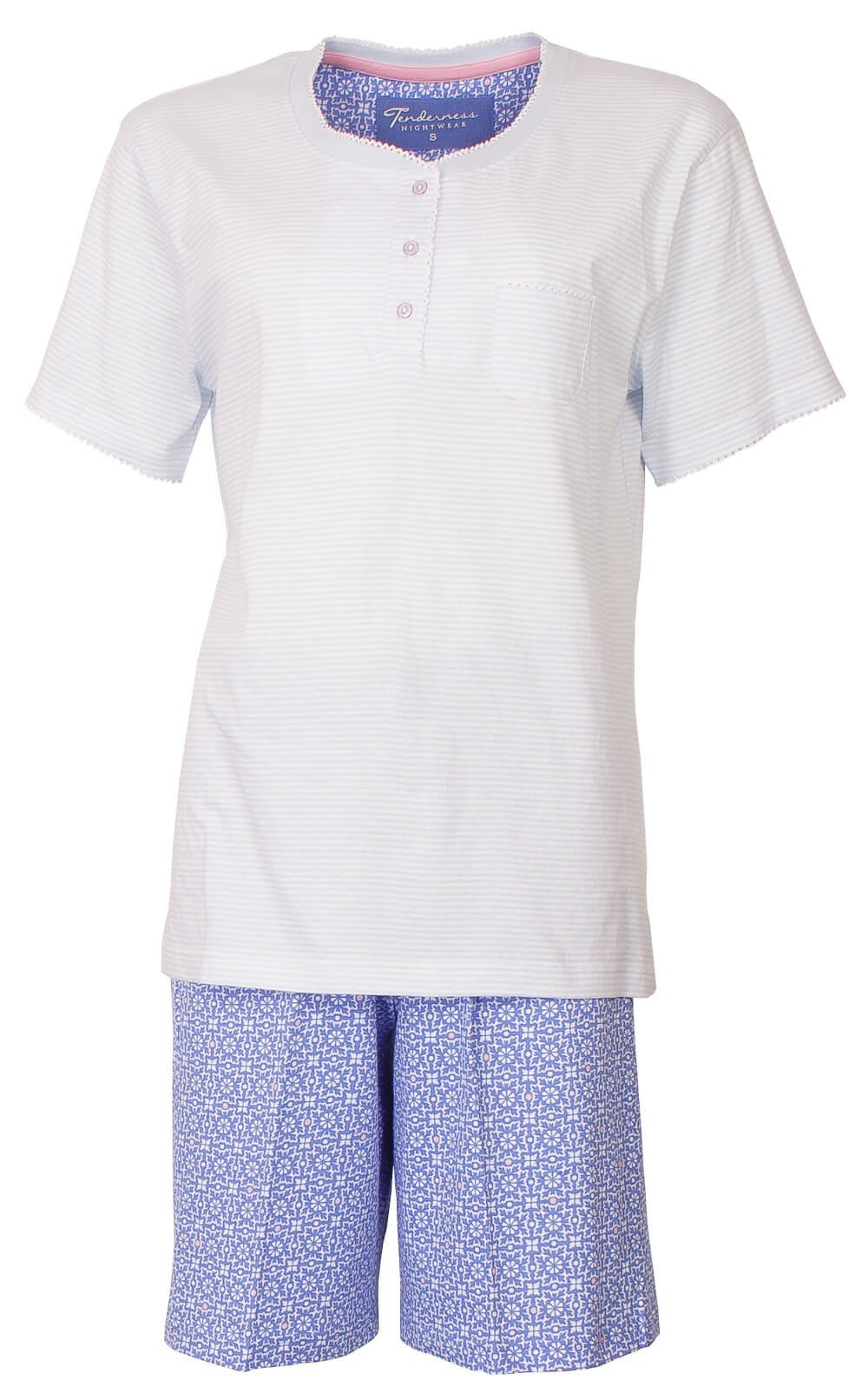 Witte katoenen shortama set met gestreept shirt en knoopsluiting, blauwe shorts met klein patroon