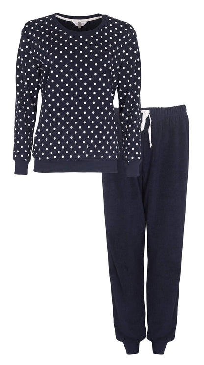 Donkerblauwe pyjama met gestippelde top en lange mouwen, effen broek met trekkoord, beide van badstof