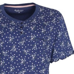 Donkerblauw nachthemd met kleine witte bloemetjes print, ronde hals en korte mouwen