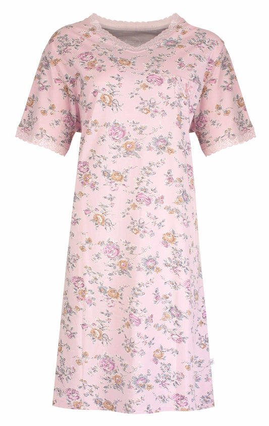 Tenderness Dames Nachthemd - Katoen - bloemen print - Licht Roze - vooraanzicht