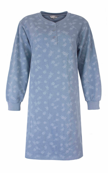Tenderness dames Nachthemd -  Fleece Nachthemd - lange Mouwen -  Denim Blauw - vooraanzicht