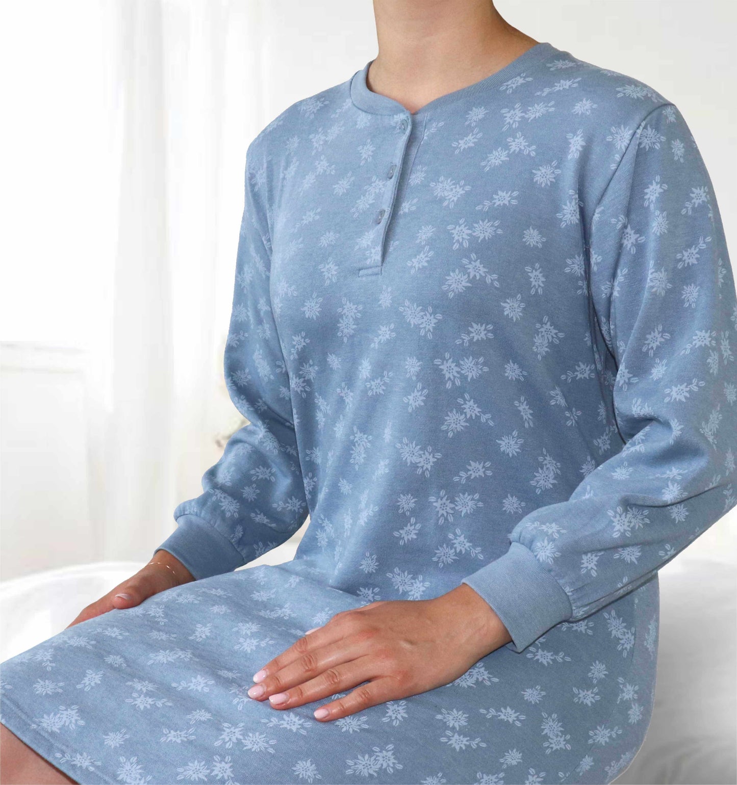 Tenderness dames Nachthemd -  Fleece Nachthemd - lange Mouwen -  Denim Blauw - afbeelding 4