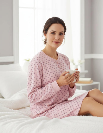 Tenderness dames Nachthemd - Fleece Nachthemd - Lange Mouwen - Roze - achteraanzicht