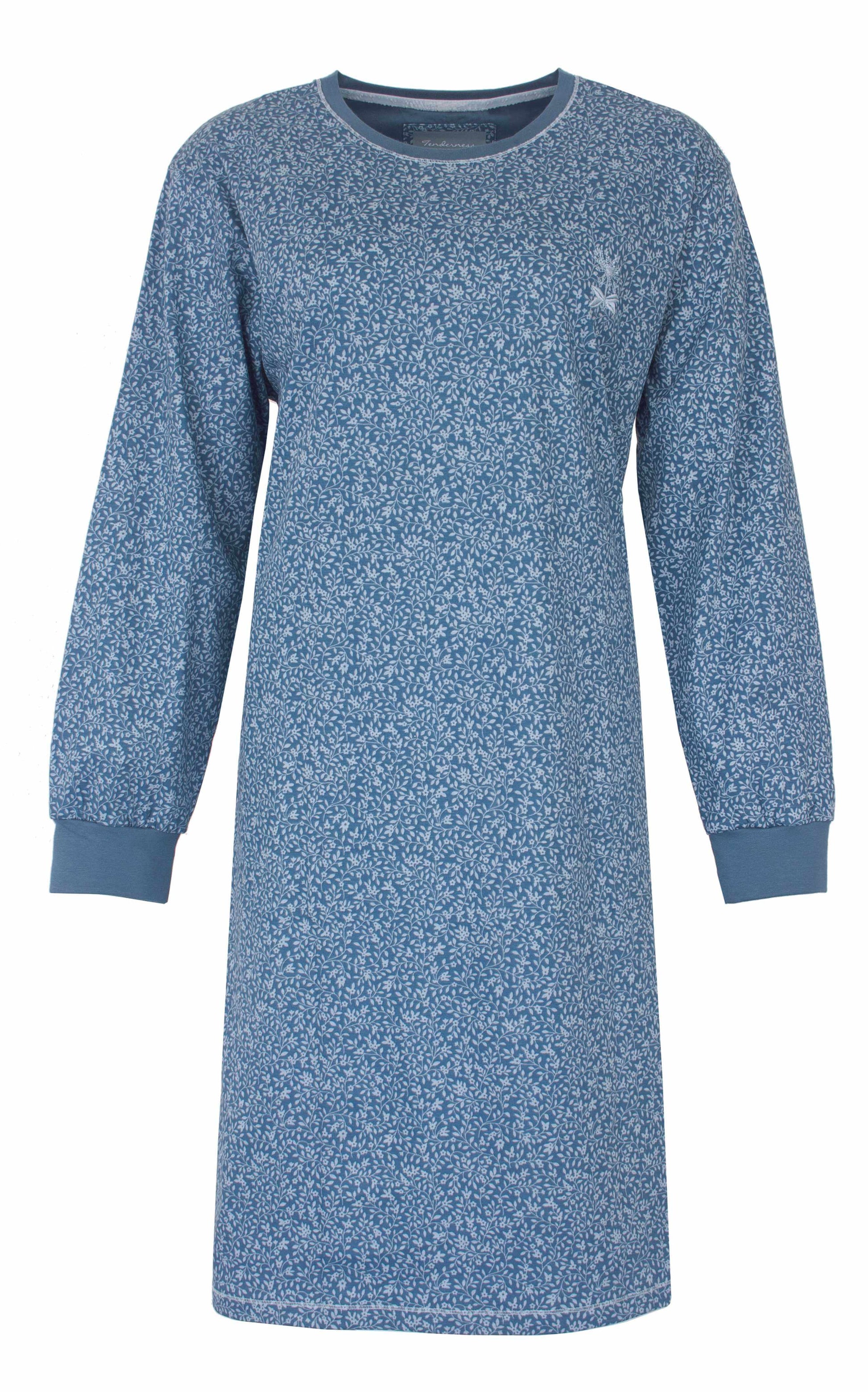 Tenderness dames Nachthemd - Lange Mouwen - Ronde Hals  -  Blauw - Katoen - vooraanzicht