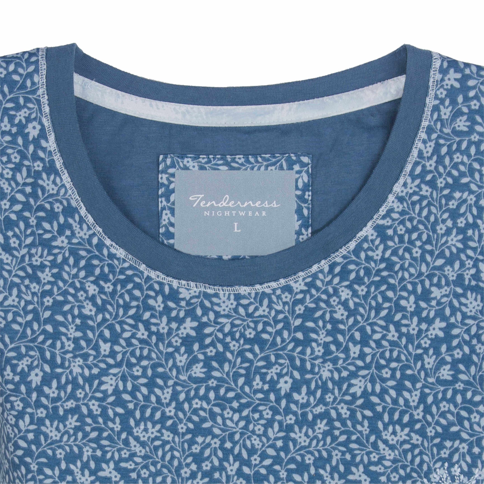 Tenderness dames Nachthemd - Lange Mouwen - Ronde Hals  -  Blauw - Katoen - detail