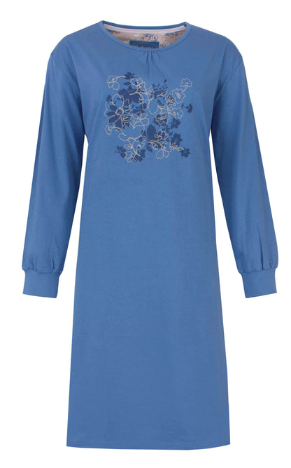Tenderness dames Nachthemd - Katoen - Lange Mouwen - Ronde Hals -  Blauw - vooraanzicht