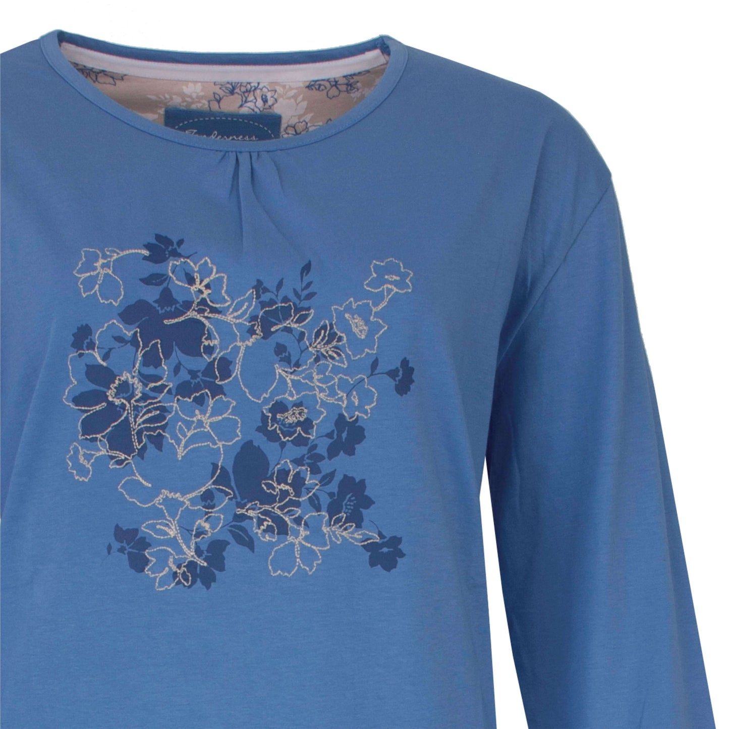 Tenderness dames Nachthemd - Katoen - Lange Mouwen - Ronde Hals -  Blauw - detail