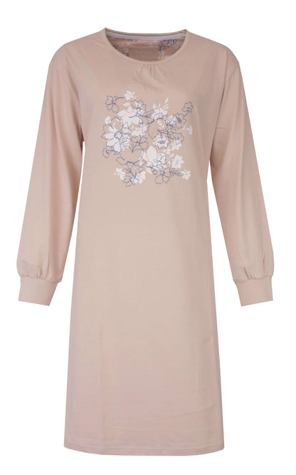  Tenderness dames Nachthemd - Katoen - Bloemen Print - lange Mouwen - Beige - vooraanzicht