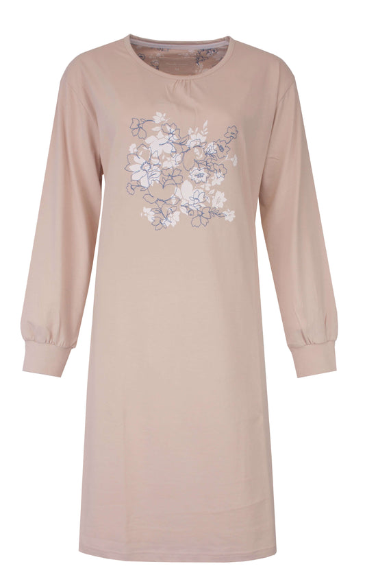  Tenderness dames Nachthemd - Katoen - Bloemen Print - lange Mouwen - Beige - vooraanzicht