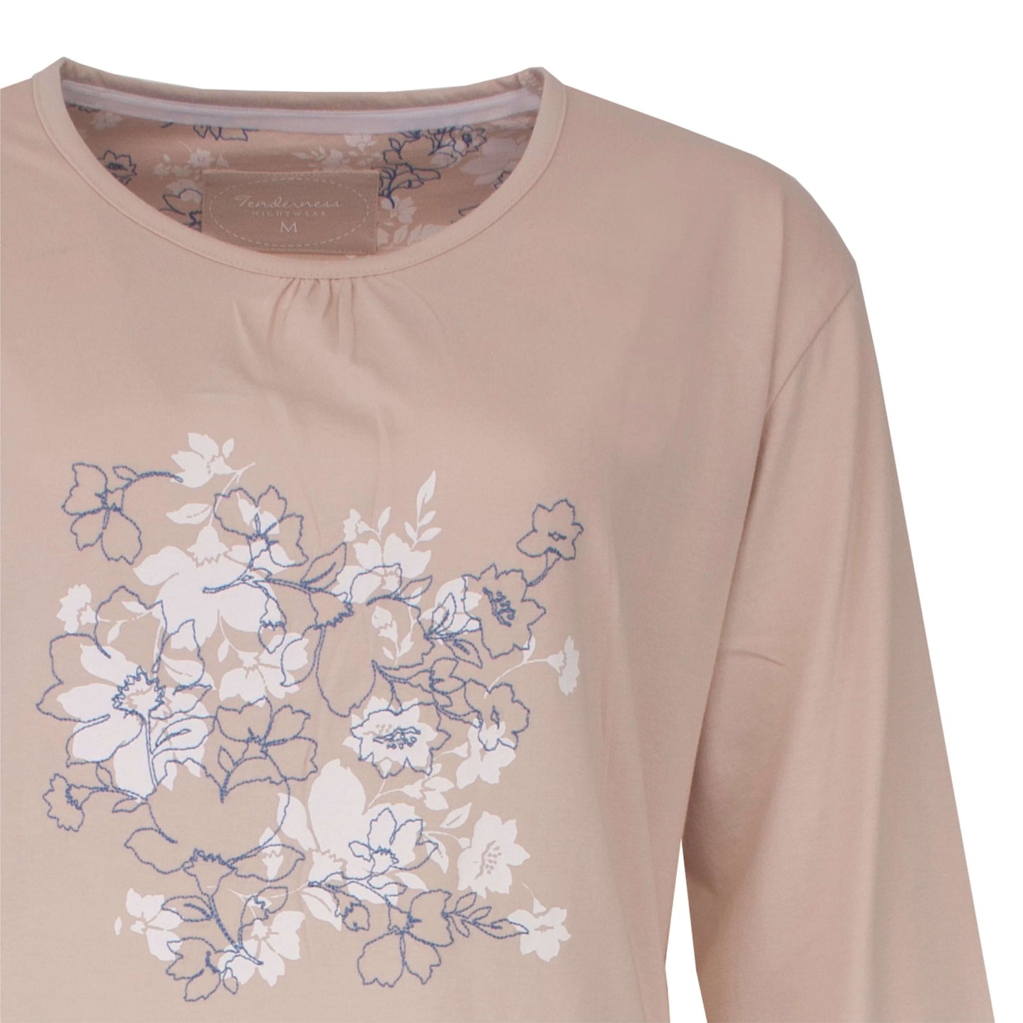  Tenderness dames Nachthemd - Katoen - Bloemen Print - lange Mouwen - Beige - detail