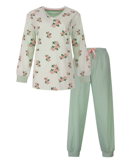 Tenderness Dames Pyjama - Lange Mouwen - Katoen - Groen - vooraanzicht
