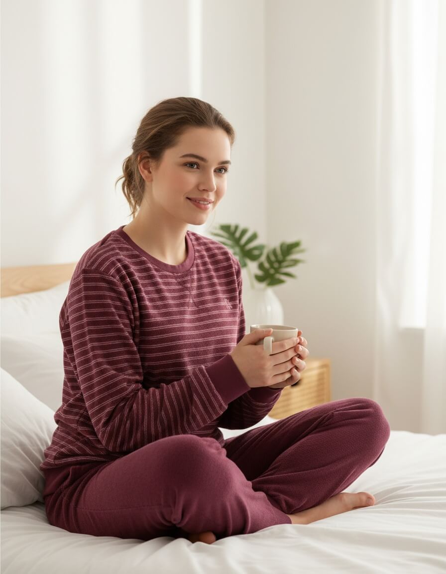 Tenderness dames  Pyjama - Badstof - Lange Mouwen -  Bordeaux - achteraanzicht