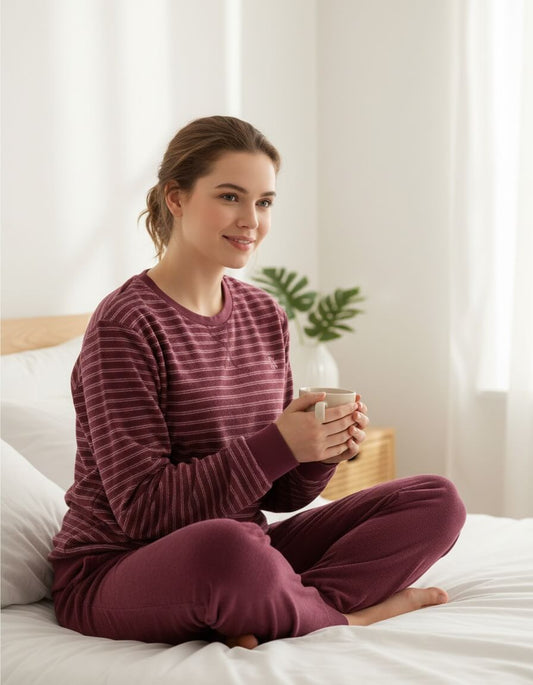 Tenderness dames  Pyjama - Badstof - Lange Mouwen -  Bordeaux - achteraanzicht