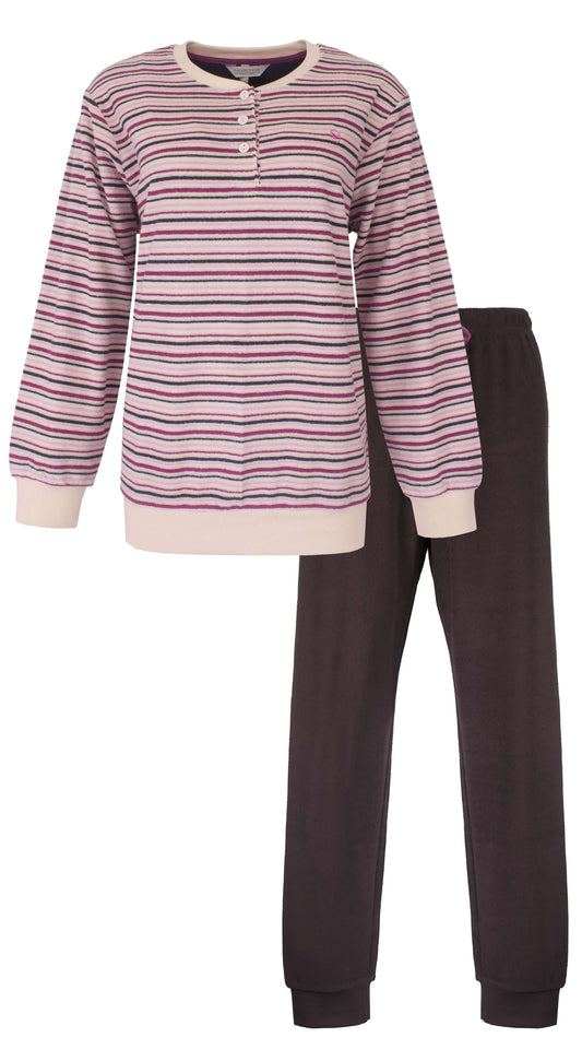 Tenderness dames Badstof Pyjama - Lange Mouwen- Beige - vooraanzicht