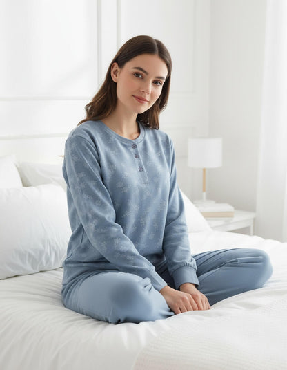 Tenderness dames Fleece Pyjama - lange Mouwen -  Denim Blauw - achteraanzicht