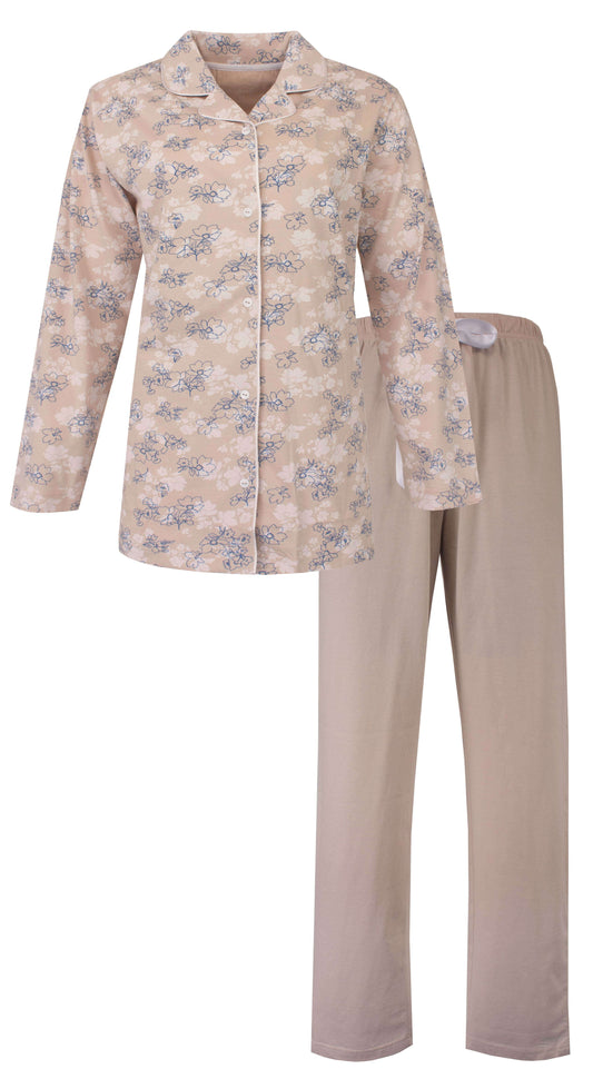 Tenderness dames Doorknoop Pyjama - Lange Mouwen -  Katoen - Beige - vooraanzicht
