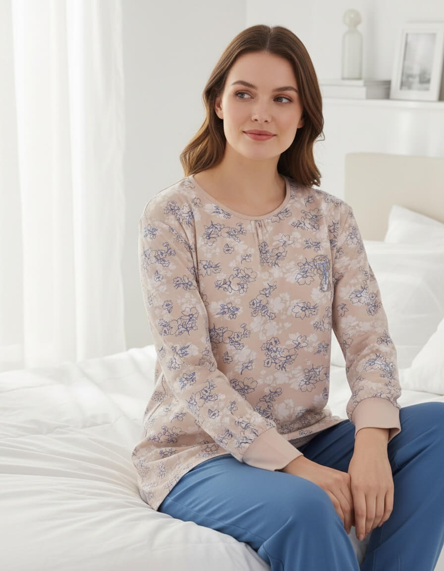 Tenderness dames Pyjama - Lange Mouwen - Top met Allover Print - Beige - achteraanzicht