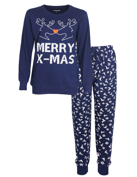 Temptation Dames Pyjama - Pyjama Set - Lange Mouwen -  Katoen - Blauw - vooraanzicht